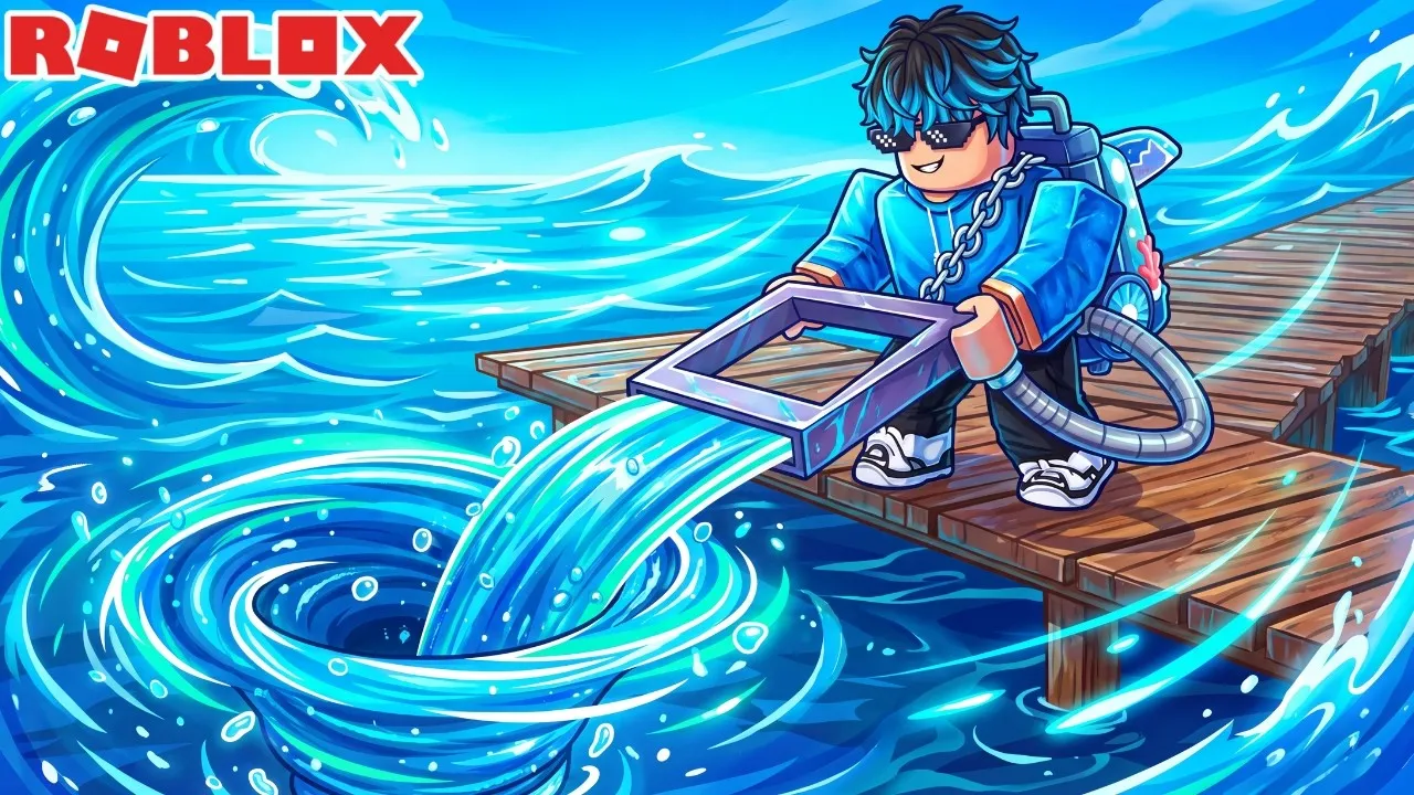 Arte promocional de +1 Drain Water Per Click derramando água em uma banheira de hidromassagem, ventilador wiki